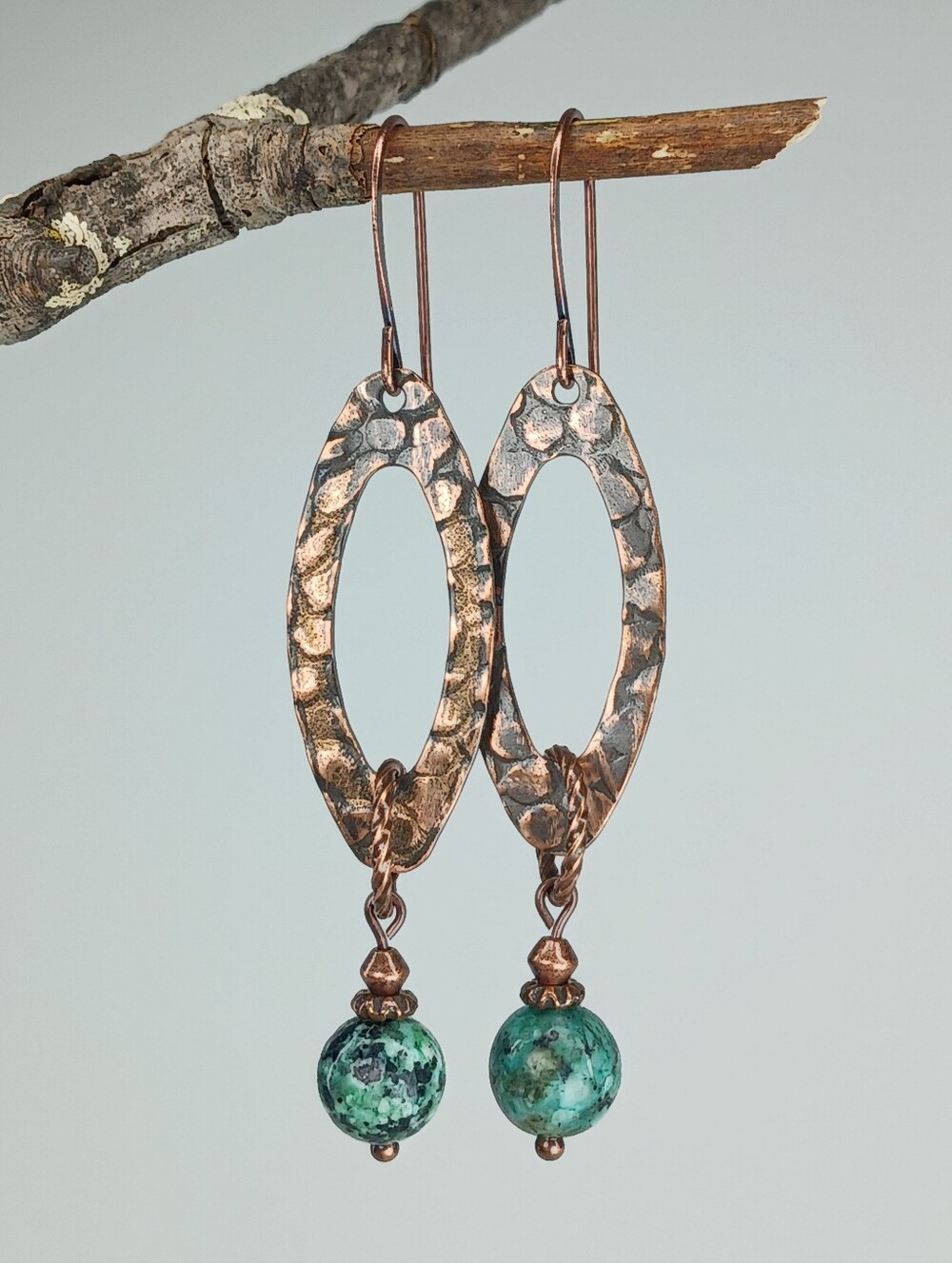 Artisan Hammered Copper Earrings African Turquoise Jasper Geometric Hand Crafted - Picture 2 of 5